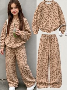 SHEIN Tween Girls 1 Set Fall Leopard Print Sweatshirt & Pants Set, Comfortable Casual Autumn Daily Outfit - Khaki - View 1