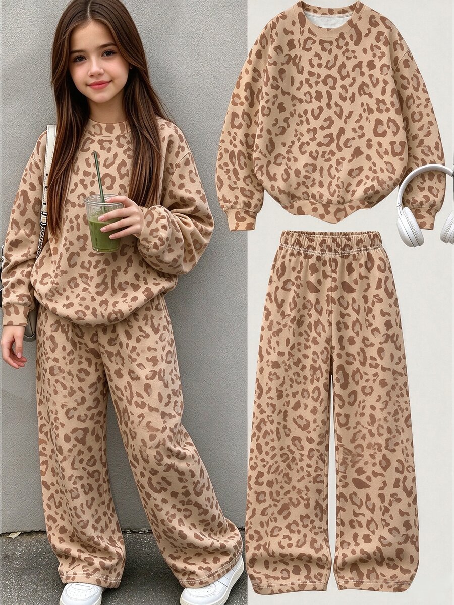 SHEIN Tween Girls 1 Set Fall Leopard Print Sweatshirt & Pants Set, Comfortable Casual Autumn Daily Outfit - Khaki - View 1