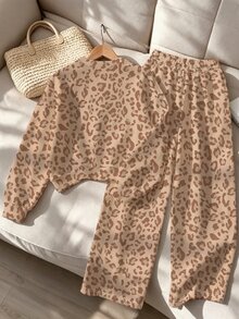 SHEIN Tween Girls 1 Set Fall Leopard Print Sweatshirt & Pants Set, Comfortable Casual Autumn Daily Outfit - Khaki - View 2