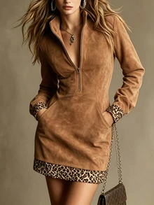 SHEIN Women's Suede Half-Zip Stand Collar Leopard Print Patchwork Contrast Color Long Sleeve Straight Short Dress With Pockets, Retro Casual Loose Flattering Slimming Commuter Style Pullover A-Line Dress For Petite - Brown - View 4