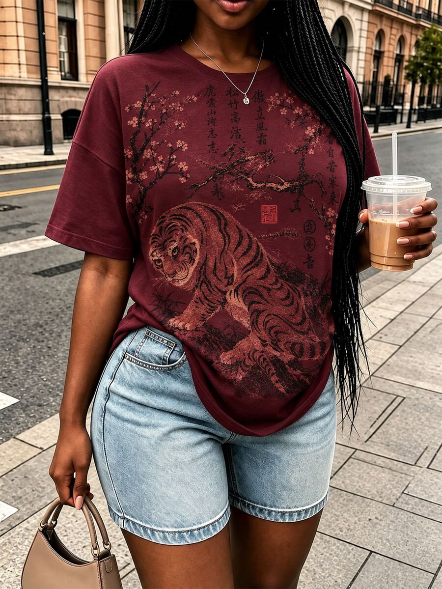 SHEIN 黃色寬鬆落肩短袖女款上衣,復古油畫頭巾貓咪印花圓領 - 彩色 - 查看 1