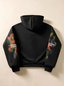 ROMWE MEN Men's Blurred Portrait Print Loose Fit Zip-Up Hoodie - Black - View 3