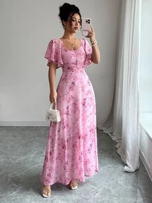 Modelyn 女式雪纺蝴蝶印花蝙蝠袖短袖抽绳褶饰甜美法式连衣裙，夏季 - 粉色 - 查看 3
