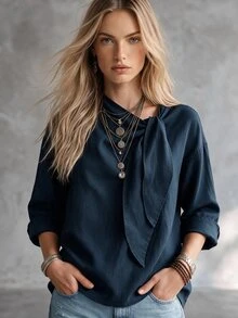 SHEIN Women's Autumn Casual Solid Color Tie-Front Shirt - Navy Blue - View 1