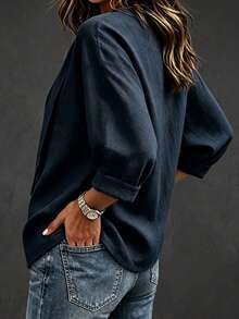 SHEIN Women's Autumn Casual Solid Color Tie-Front Shirt - Navy Blue - View 5