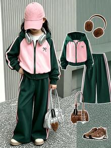 SHEIN 女童 2 件套粉綠拼色拉鍊連帽外套，附蝴蝶結刺繡與條紋設計，搭配寬腿運動長褲校園運動套裝 - 綠色 - 查看 8