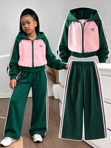 SHEIN 女童 2 件套粉綠拼色拉鍊連帽外套，附蝴蝶結刺繡與條紋設計，搭配寬腿運動長褲校園運動套裝 - 綠色 - 查看 5