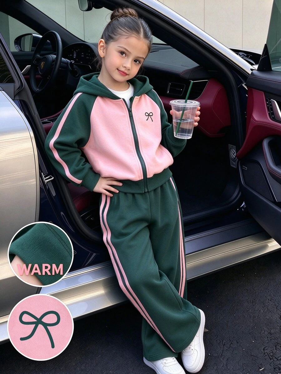 SHEIN 女童 2 件套粉綠拼色拉鍊連帽外套，附蝴蝶結刺繡與條紋設計，搭配寬腿運動長褲校園運動套裝
