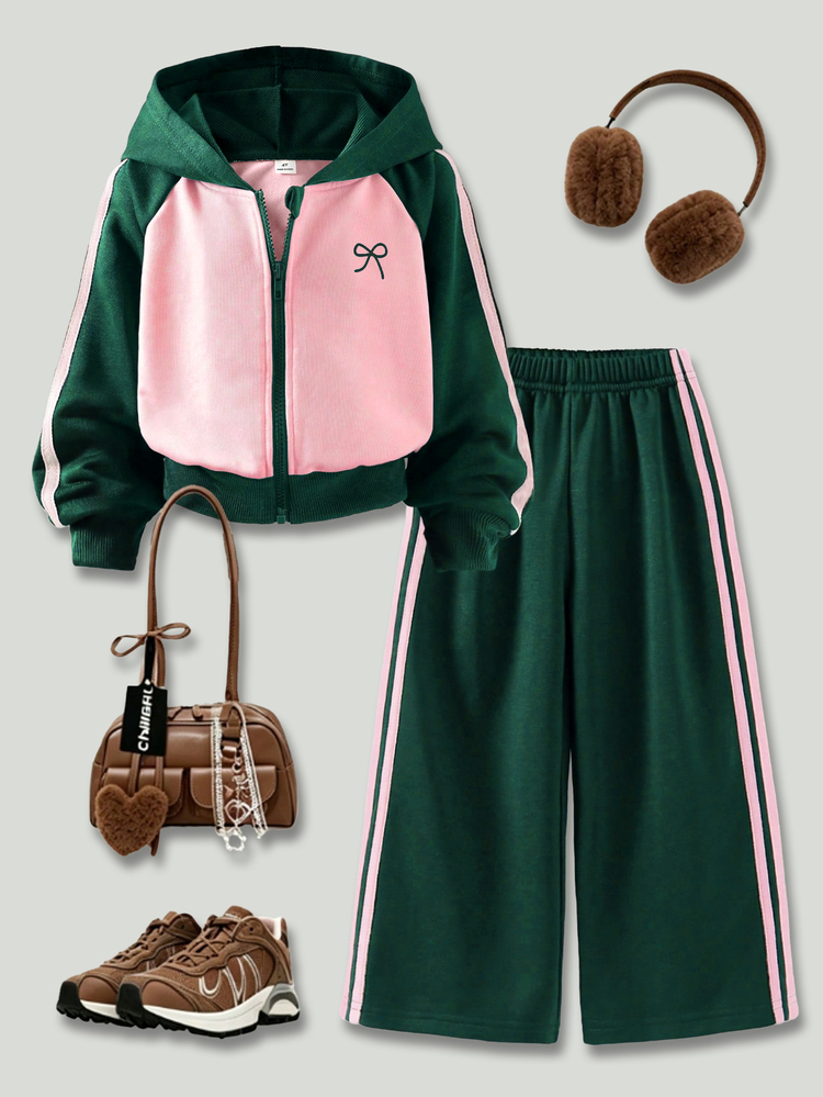 SHEIN Girls 2 Pieces Outfit Pink And Green Color Block Zip Up Hoodie With Bow Embroidery And Stripe Matching Wide Leg Sweatpants Tracksuit Set For School - Green - View 6