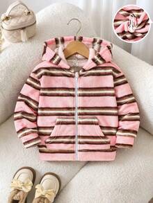 SHEIN Elladie kids Young Girl Pink Striped Zip-Up Hooded Jacket, White Zipper Design, Easy To Put On And Take Off, Soft And Comfortable Plush Fabric, Cute And Playful Casual Commute Daily School Outdoor Weekend Shopping Cold Weather Wear, Suitable For Autumn, Holiday, Festival Attire - Pink - View 13