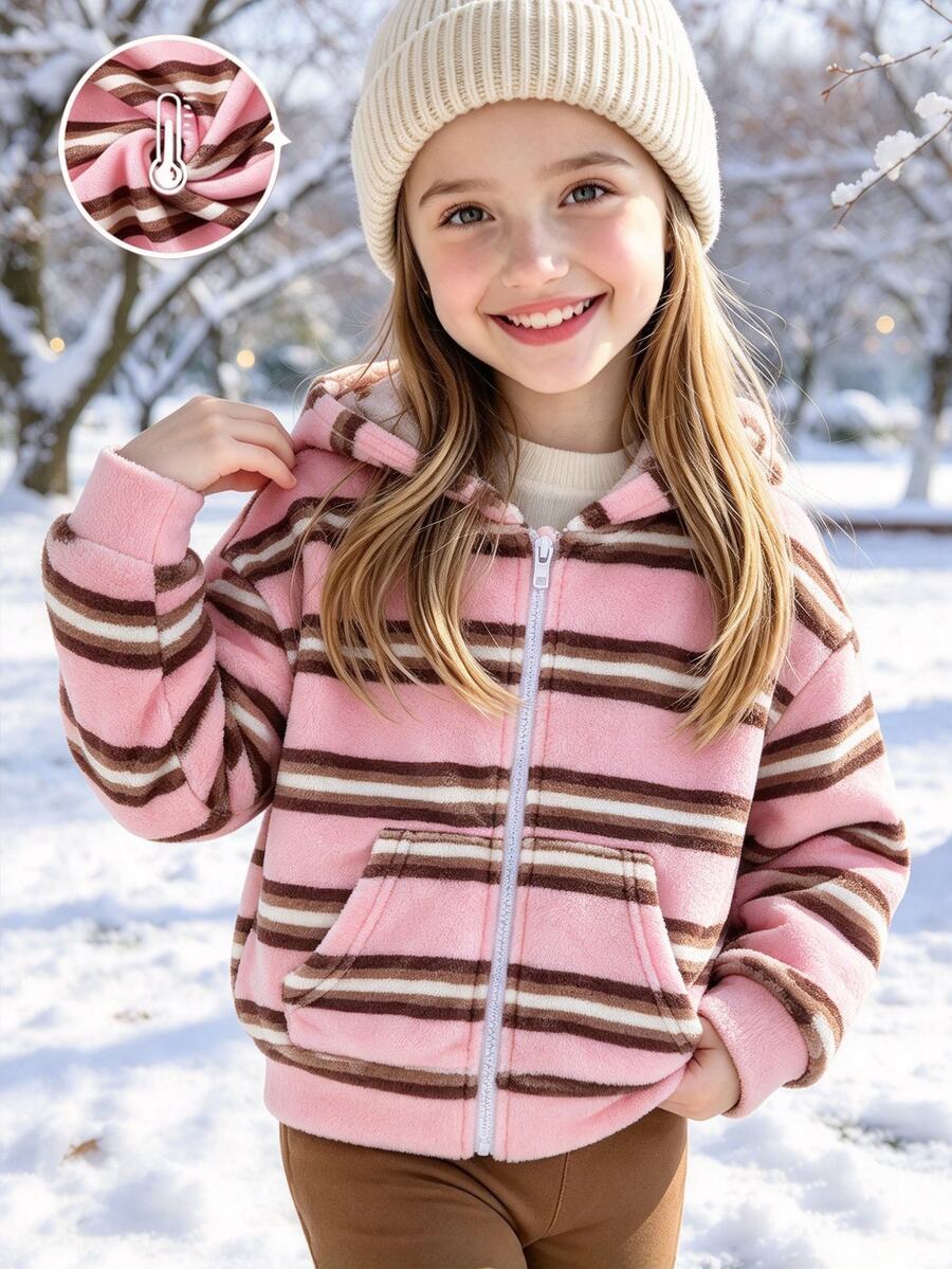 SHEIN Elladie kids Young Girl Pink Striped Zip-Up Hooded Jacket, White Zipper Design, Easy To Put On And Take Off, Soft And Comfortable Plush Fabric, Cute And Playful Casual Commute Daily School Outdoor Weekend Shopping Cold Weather Wear, Suitable For Autumn, Holiday, Festival Attire - Pink - View 1