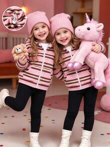 SHEIN Elladie kids Young Girl Pink Striped Zip-Up Hooded Jacket, White Zipper Design, Easy To Put On And Take Off, Soft And Comfortable Plush Fabric, Cute And Playful Casual Commute Daily School Outdoor Weekend Shopping Cold Weather Wear, Suitable For Autumn, Holiday, Festival Attire - Pink - View 5