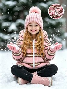 SHEIN Elladie kids Young Girl Pink Striped Zip-Up Hooded Jacket, White Zipper Design, Easy To Put On And Take Off, Soft And Comfortable Plush Fabric, Cute And Playful Casual Commute Daily School Outdoor Weekend Shopping Cold Weather Wear, Suitable For Autumn, Holiday, Festival Attire - Pink - View 7