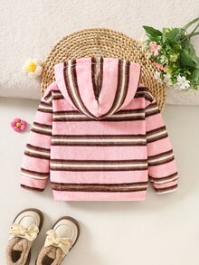 SHEIN Elladie kids Young Girl Pink Striped Zip-Up Hooded Jacket, White Zipper Design, Easy To Put On And Take Off, Soft And Comfortable Plush Fabric, Cute And Playful Casual Commute Daily School Outdoor Weekend Shopping Cold Weather Wear, Suitable For Autumn, Holiday, Festival Attire - Pink - View 2