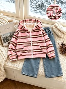 SHEIN Elladie kids Young Girl Pink Striped Zip-Up Hooded Jacket, White Zipper Design, Easy To Put On And Take Off, Soft And Comfortable Plush Fabric, Cute And Playful Casual Commute Daily School Outdoor Weekend Shopping Cold Weather Wear, Suitable For Autumn, Holiday, Festival Attire - Pink - View 11
