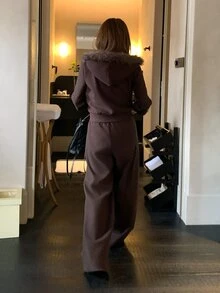 DAZY Setelan Musim Dingin Wanita 2 Potong: Jaket Lengan Panjang Patchwork dengan Kerah Bulu Imitasi dan Celana Kasual - Dark Grey - View 5