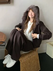 DAZY Setelan Musim Dingin Wanita 2 Potong: Jaket Lengan Panjang Patchwork dengan Kerah Bulu Imitasi dan Celana Kasual - Dark Grey - View 6