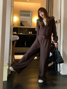 DAZY Setelan Musim Dingin Wanita 2 Potong: Jaket Lengan Panjang Patchwork dengan Kerah Bulu Imitasi dan Celana Kasual - Dark Grey - View 7