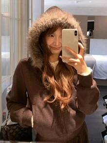 DAZY Setelan Musim Dingin Wanita 2 Potong: Jaket Lengan Panjang Patchwork dengan Kerah Bulu Imitasi dan Celana Kasual - Dark Grey - View 2