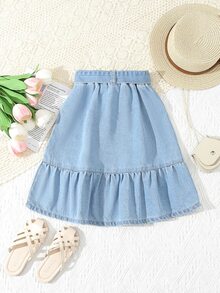 SHEIN Young Girl's Washed Soft Denim A-Line Skirt With Belt, School, Campus, College Autumn Fall - Light Wash - View 2
