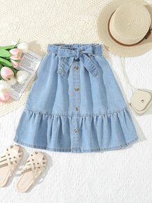 SHEIN Young Girl's Washed Soft Denim A-Line Skirt With Belt, School, Campus, College Autumn Fall - Light Wash - View 1