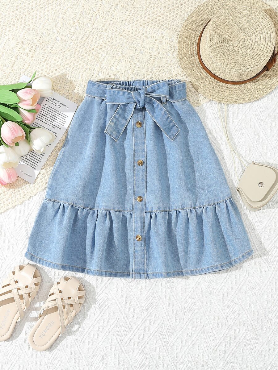 SHEIN Young Girl's Washed Soft Denim A-Line Skirt With Belt, School, Campus, College Autumn Fall - Light Wash - View 1