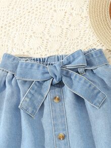 SHEIN Young Girl's Washed Soft Denim A-Line Skirt With Belt, School, Campus, College Autumn Fall - Light Wash - View 3