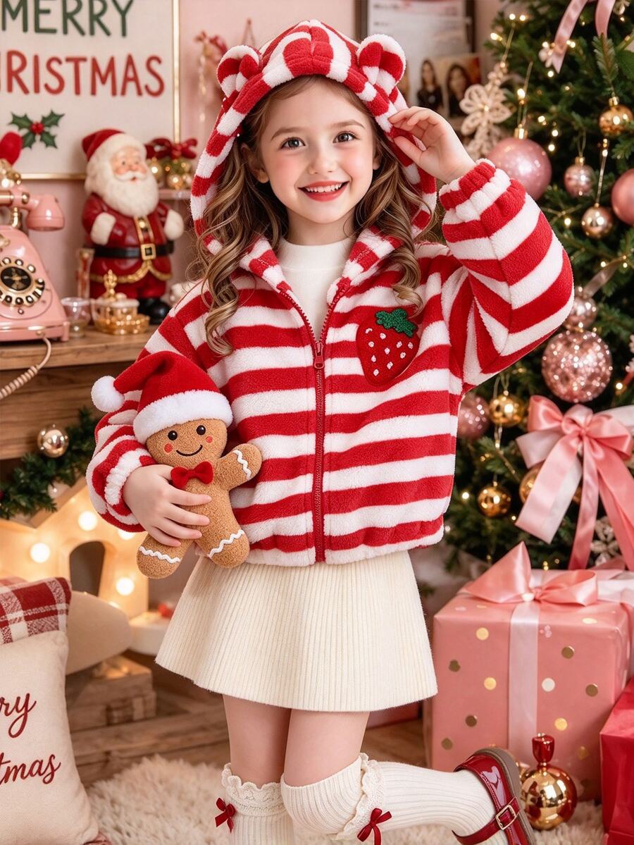 SHEIN 女童可愛加厚保暖內裡連帽外套 單件經典紅白條紋毛絨布料 附可愛熊耳朵裝飾與前胸草莓設計 - 紅白色 - 查看 1