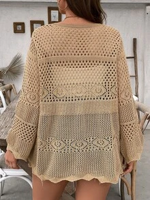 Linhara CURVE 大码女式纯色针织镂空系带长袖长款罩衫，性感休闲薄款罩衫，适合海滩、泳装、夏季 - 駝色 - 查看 2