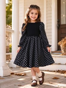SHEIN Elladie kids 女童長袖波點洋裝，黑色方領泡泡袖荷葉邊袖口，鬆緊抓皺上身，傘擺中長裙，休閒秋季少女聖誕洋裝 - 黑與白 - 查看 1
