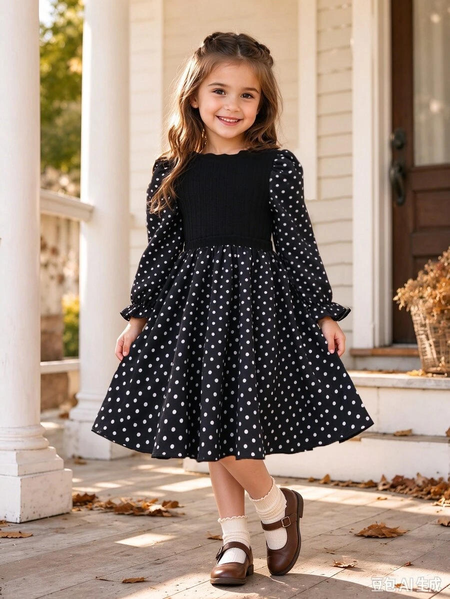 SHEIN Elladie kids 女童長袖波點洋裝，黑色方領泡泡袖荷葉邊袖口，鬆緊抓皺上身，傘擺中長裙，休閒秋季少女聖誕洋裝 - 黑與白 - 查看 1