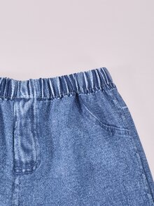 SHEIN 青少年女孩彈性腰拼接休閒百搭日常長褲 - 藍色 - 查看 7