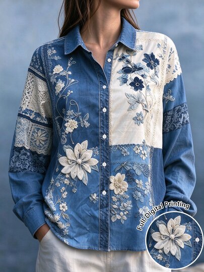 Linhara CURVE Women's Retro Floral Pattern Print Casual Long Sleeve Comfortable Shirt