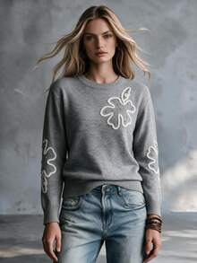 SHEIN Autumn/Winter Grey Personalized Floral Knit Pullover Sweater, Loose Round Neck Long Sleeve Sweater - Grey - View 6