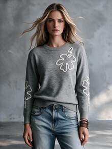 SHEIN Autumn/Winter Grey Personalized Floral Knit Pullover Sweater, Loose Round Neck Long Sleeve Sweater - Grey - View 5