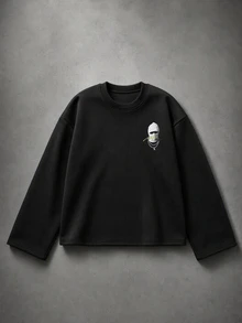 ROMWE MEN Men's Loose Fit Long Sleeve T-Shirt With Character Print Pattern - Black - View 2