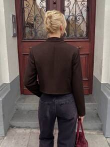 SHEIN Women's Autumn/Winter Maillard Brown Stand-Collar Short Jacket: Vintage Metal Button & Zipper Slim-Fit Blazer For Banquets And Parties - Burgundy - View 2