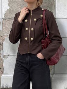 SHEIN Women's Autumn/Winter Maillard Brown Stand-Collar Short Jacket: Vintage Metal Button & Zipper Slim-Fit Blazer For Banquets And Parties - Burgundy - View 6