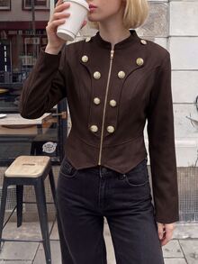 SHEIN Women's Autumn/Winter Maillard Brown Stand-Collar Short Jacket: Vintage Metal Button & Zipper Slim-Fit Blazer For Banquets And Parties - Burgundy - View 5