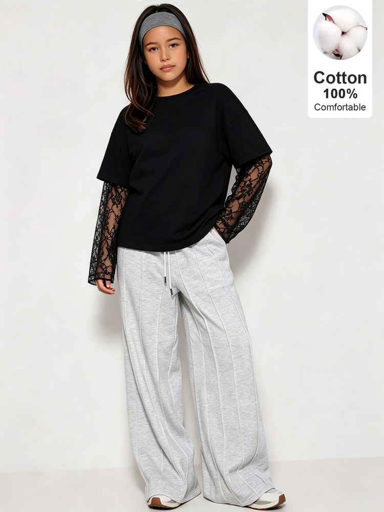 SHEIN Tween Girls Clothing Long Sleeve Pure Cotton Black T-Shirt, 100 Pure Cotton, Contrast Lace 2 In 1 Sleeves, Fall/ Flowy Elegant School Season - Black - View 4