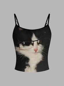 Flirla Black White Cat With Glasses Cute Quirky Printed Women's Camisole Shirt - Multicolor - View 1