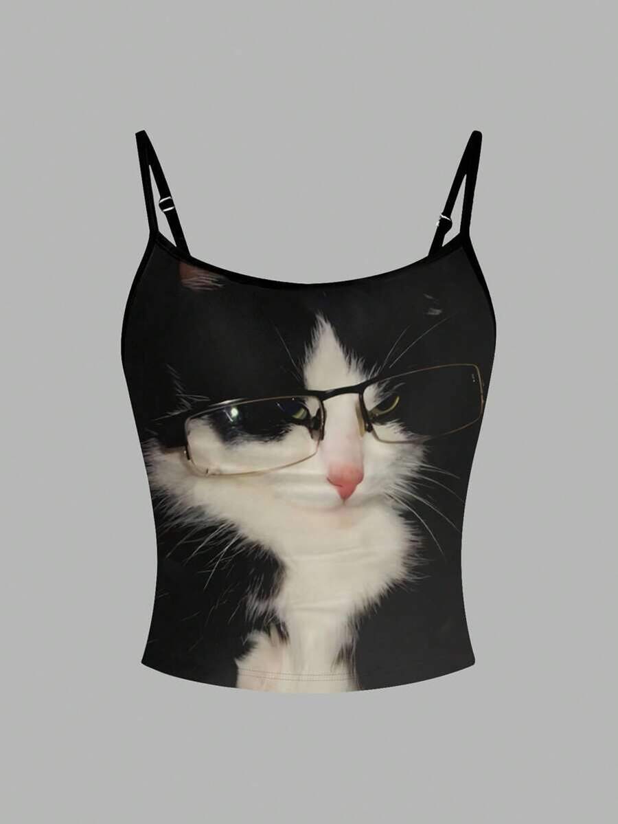 Flirla Black White Cat With Glasses Cute Quirky Printed Women's Camisole Shirt - Multicolor - View 1