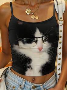 Flirla Black White Cat With Glasses Cute Quirky Printed Women's Camisole Shirt - Multicolor - View 3