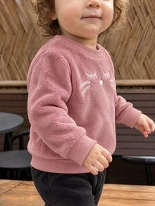 3pcs Baby Girls Fleece Sweaters Cute Sweet Pink White Heart Patch Cloud Eyelash Long Sleeve Round Neck Thick Birthday Party Winter Fall Christmas - Dusty Pink - View 2