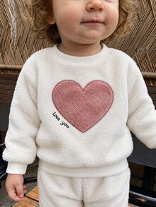 3pcs Baby Girls Fleece Sweaters Cute Sweet Pink White Heart Patch Cloud Eyelash Long Sleeve Round Neck Thick Birthday Party Winter Fall Christmas - Dusty Pink - View 5