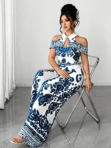 Elenzga Women's Plus Size Spring/Summer Vintage Elegant Luxury Collared Cold Shoulder Cinched Waist Wide Leg Jumpsuit, Elastic Knit All White Paisley Print - Blue and White - View 6