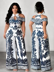 Elenzga Women's Plus Size Spring/Summer Vintage Elegant Luxury Collared Cold Shoulder Cinched Waist Wide Leg Jumpsuit, Elastic Knit All White Paisley Print - Blue and White - View 1