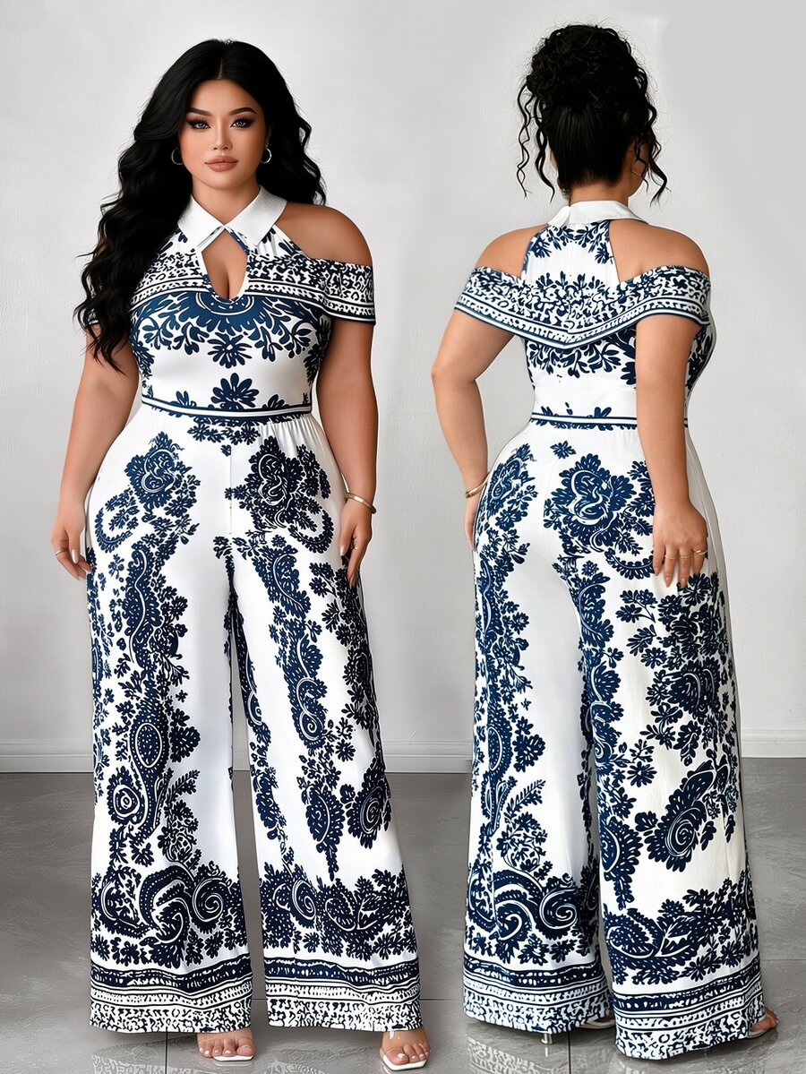 Elenzga Women's Plus Size Spring/Summer Vintage Elegant Luxury Collared Cold Shoulder Cinched Waist Wide Leg Jumpsuit, Elastic Knit All White Paisley Print - Blue and White - View 1