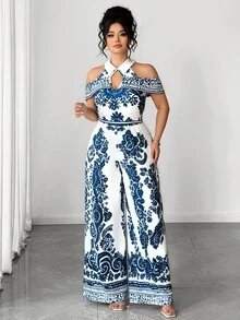 Elenzga Women's Plus Size Spring/Summer Vintage Elegant Luxury Collared Cold Shoulder Cinched Waist Wide Leg Jumpsuit, Elastic Knit All White Paisley Print - Blue and White - View 4