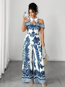 Elenzga Women's Plus Size Spring/Summer Vintage Elegant Luxury Collared Cold Shoulder Cinched Waist Wide Leg Jumpsuit, Elastic Knit All White Paisley Print - Blue and White - View 2